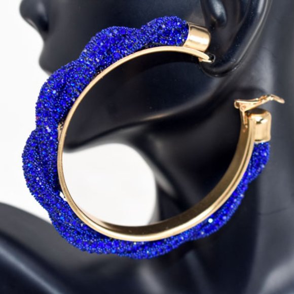 3" Braid Twist Royal Blue Rhinestone Hoop Earrings - Picture 10 of 12